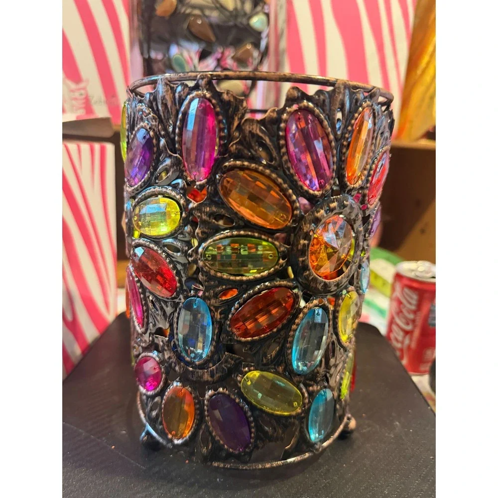 Vintage Style Jeweled Bronze Metal Candle Holder Multicolor Faux Gemstone Sleeve